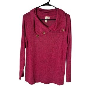 Misia Womens Berry Pink Marled Knit Asymmetrical Cowl Neck Button Sweater M